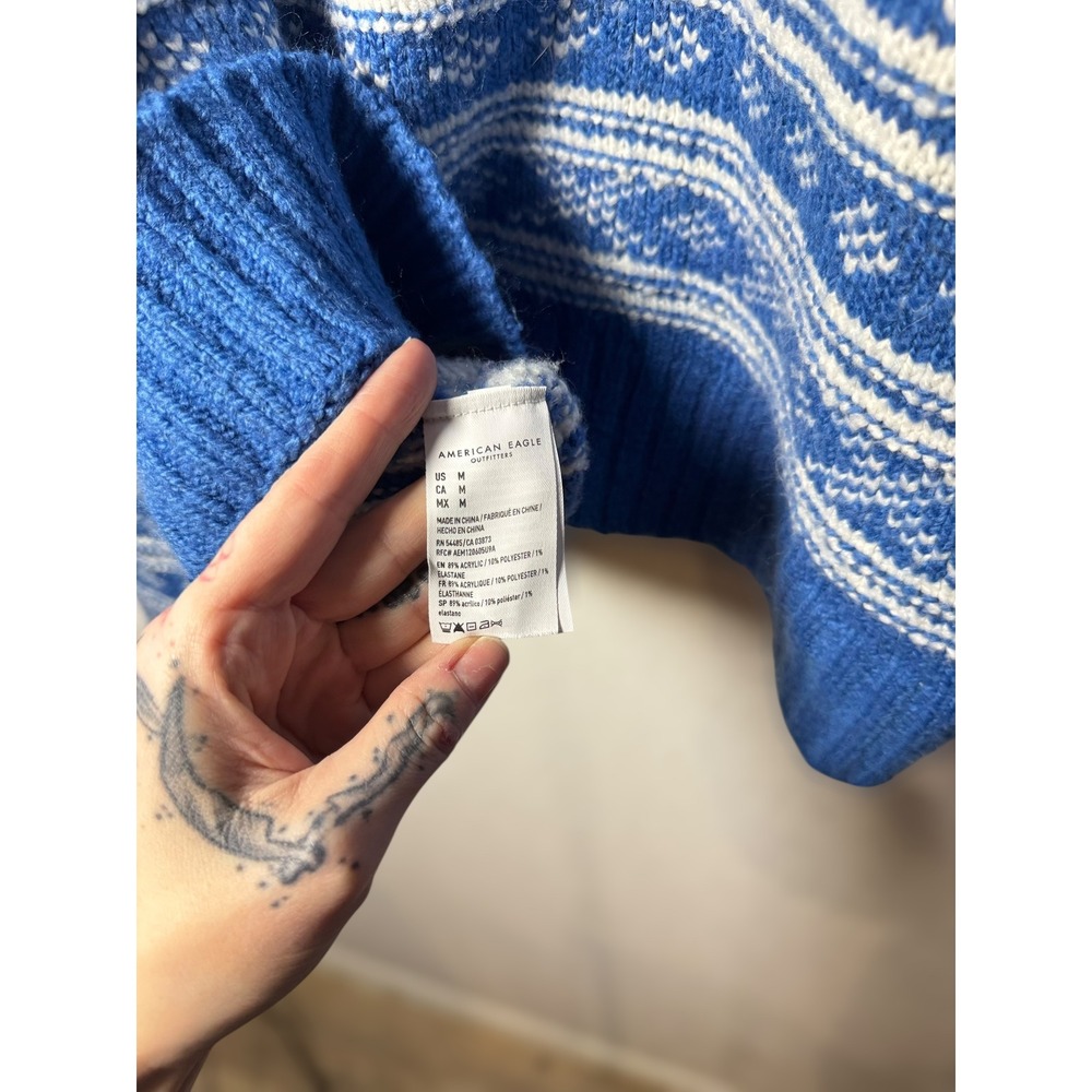 Vtg AMERICAN EAGLE Cable Knit Fair Isle Sweater M Cozy Blue‎ White Fisherman Ski - Picture 6 of 6
